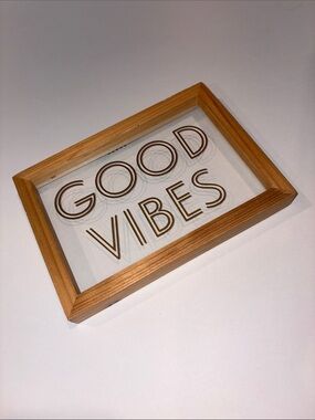 Gold and Natural Wood 'GOOD VIBES' Framed Glass Sign